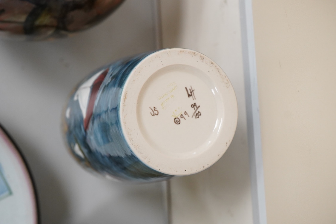 Two Cobridge vases, a Pilkington's Royal Lancastrian vase, 20cm high and a Diane Cross bowl